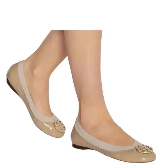 Tory Burch Caroline Patent Leather Ballet Slip On Elastic Trim Flats Tan SZ 5 - Picture 1 of 16